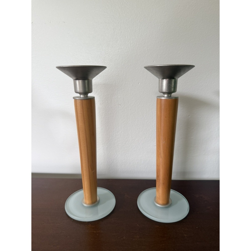 Mid Century Modern Danish Teak Wood Frosted Glass Candlesticks MCM Set of 2